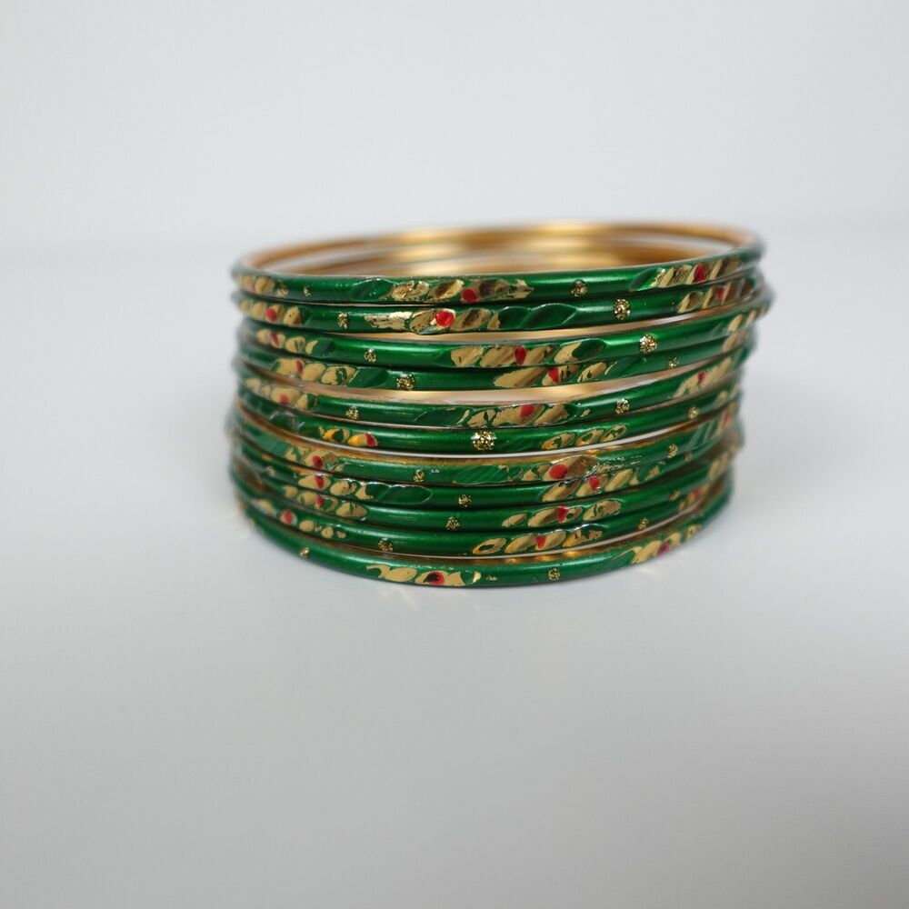 Indian Style Green & Gold Enamel Bangle Bracelet Set Stackable Fashion